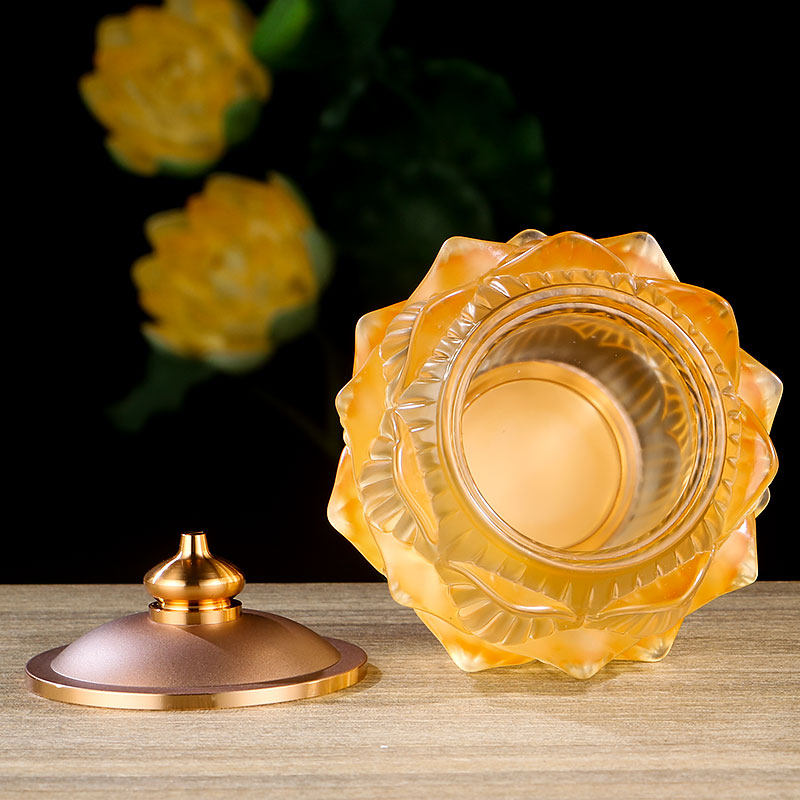 佛莲浮雕莲花七色琉璃贡仙佛净水杯观音小号琥珀色摆件七宝佛教