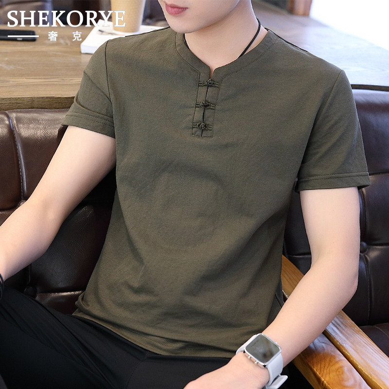 2022年新款夏季中国风男士短袖t恤潮流修身高端潮牌v领亚麻上衣服