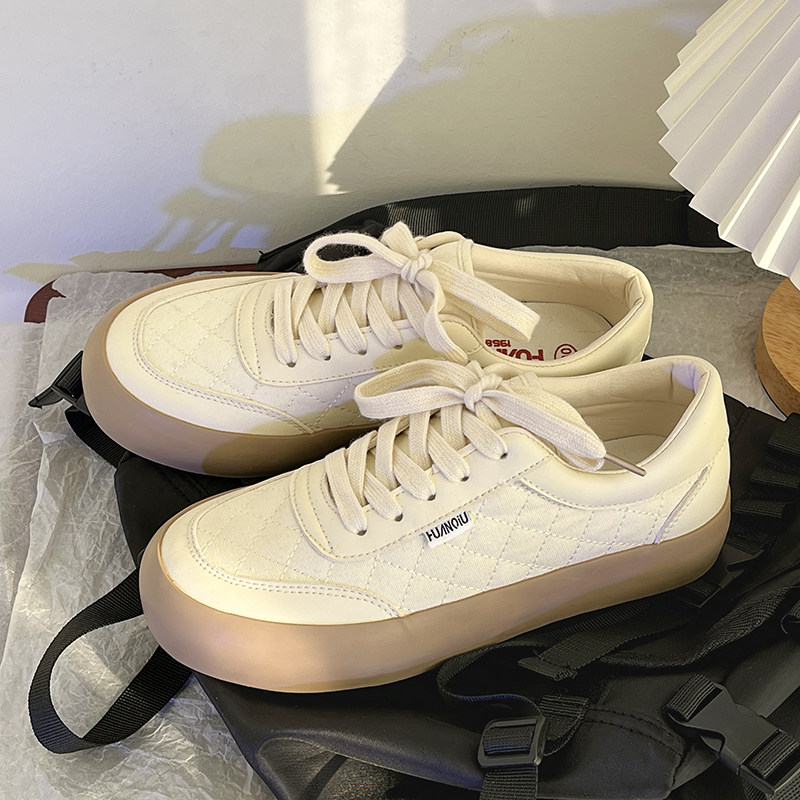 环球女鞋2022秋季小众复古奶茶色帆布鞋厚底面包鞋ins韩版小白鞋