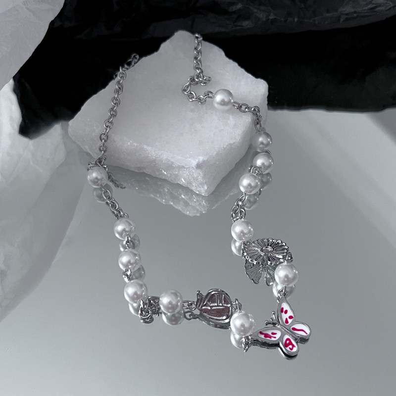 kansai血丝蝴蝶珍珠拼接项链冷淡个性小众酷潮项链