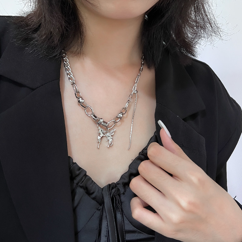 kansai钛钢液化蝴蝶流苏拼接项链冷淡个性小众项链