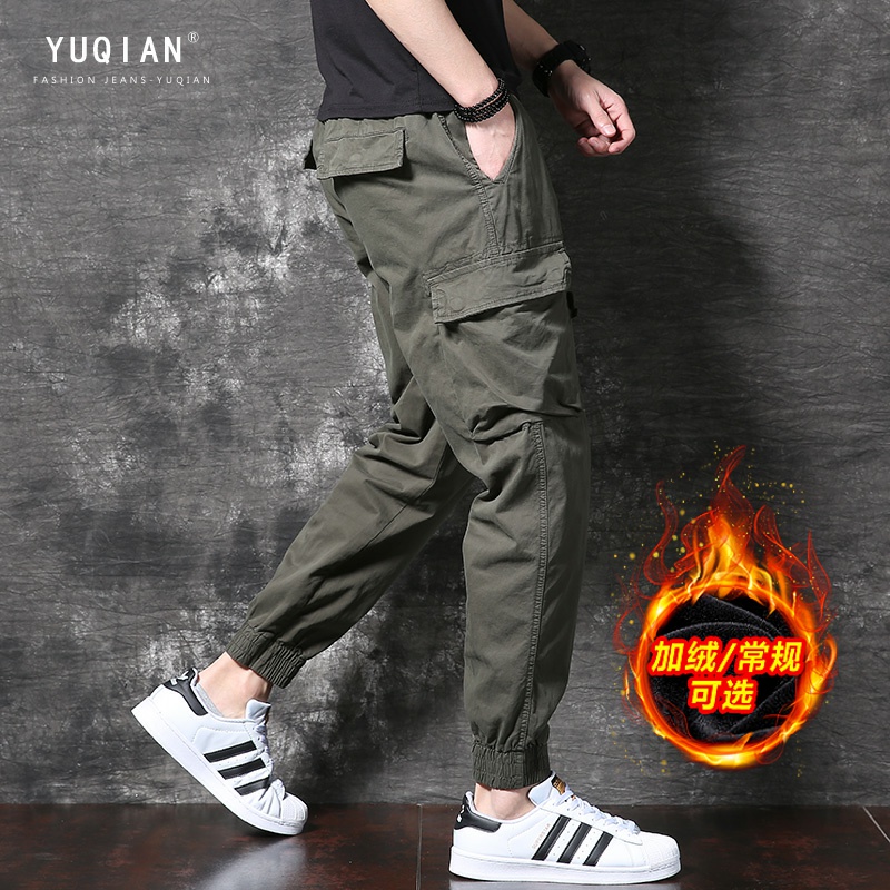 潮牌军绿工装裤男春秋季宽松束脚休闲裤2021年新款冬季加绒哈伦裤