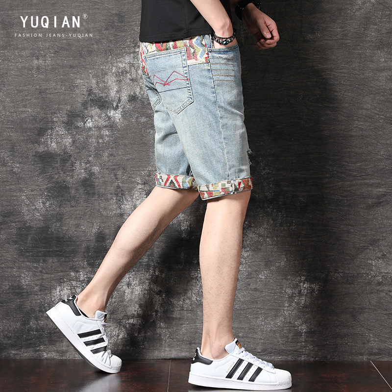 2022夏季新款高端刺绣破洞牛仔短裤男轻奢潮牌五分裤韩版潮流马裤