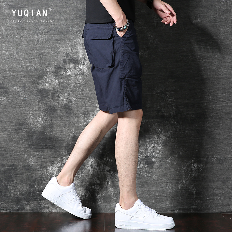 休闲短裤男夏季薄款午夜蓝色五分外穿宽松直筒潮流大口袋工装中裤