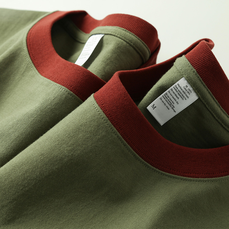 270g重磅美式复古纯棉圆领撞色拼接短袖T恤宽松厚实打底衫男女夏