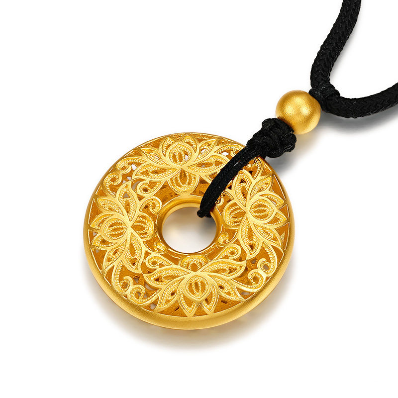 桂福珠宝荷花花莲纹坠古法足金吊坠女款黄金定价黄金吊坠