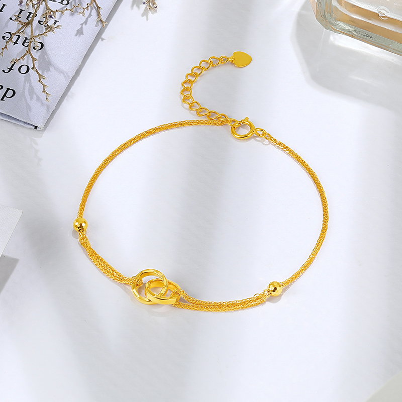 桂福珠宝18k黄金手链女双双层金珠双环锁骨手饰