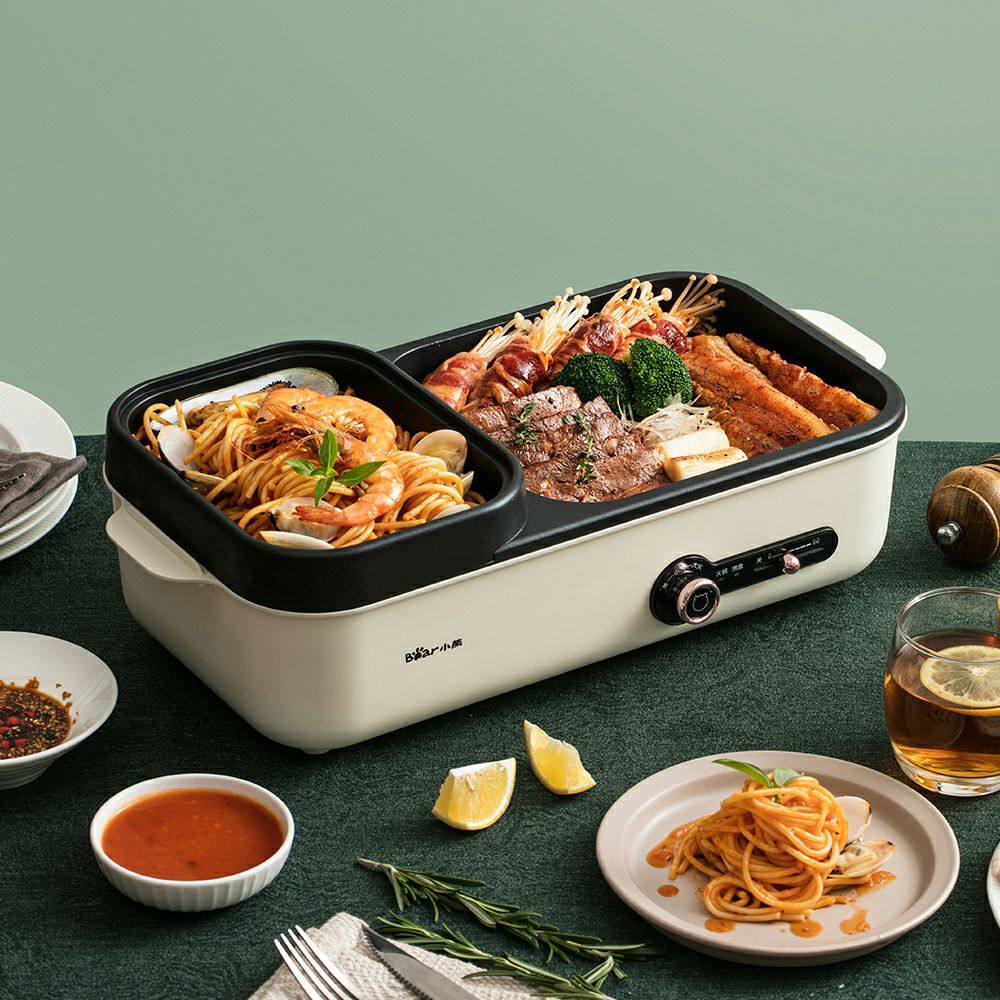 小熊电火锅烧烤一体锅火锅锅家用多功能料理锅网红烤锅小型电煮锅