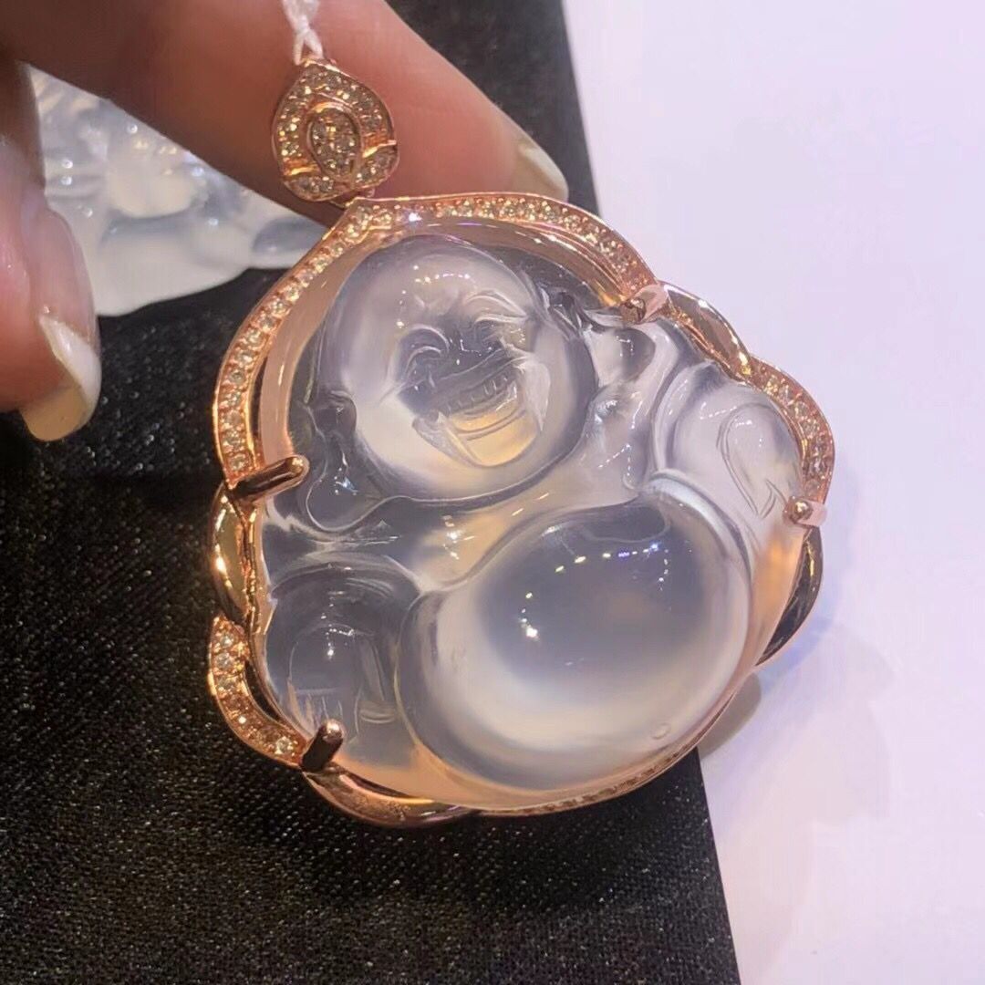 镶嵌玉佛s925天然高冰玉髓佛公弥勒吊坠项链项坠