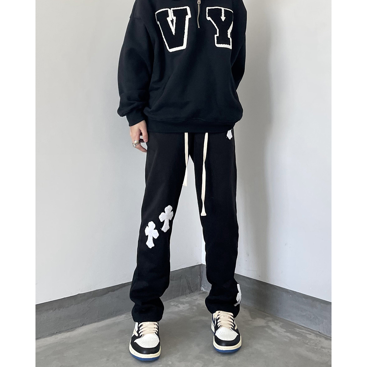 高街十字架毛巾绣裤子男美式街头嘻哈潮牌抽绳直筒宽松运动休闲裤