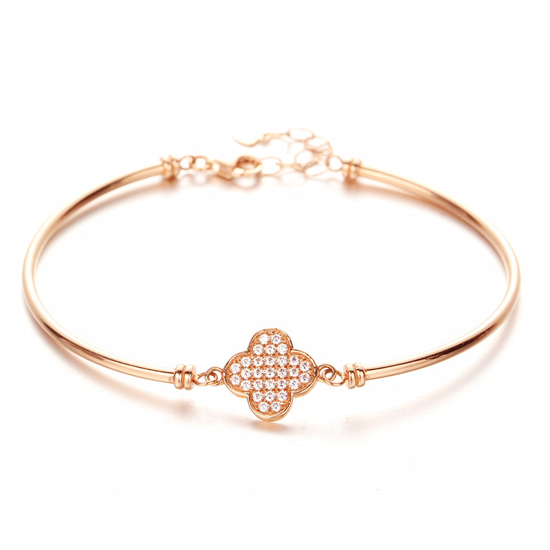 纯14k金玫瑰金彩金俄罗斯585紫金日韩满钻幸运四叶草手镯女礼物