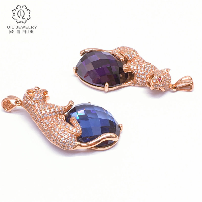 绮丽14k彩金金彩金金玫瑰项链珠宝吊坠豹子招财颈饰