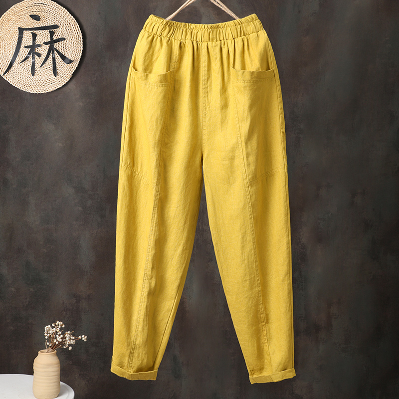 苎麻亚麻女裤夏季薄款休闲哈伦裤女宽松麻料老爹裤萝卜裤九分裤子