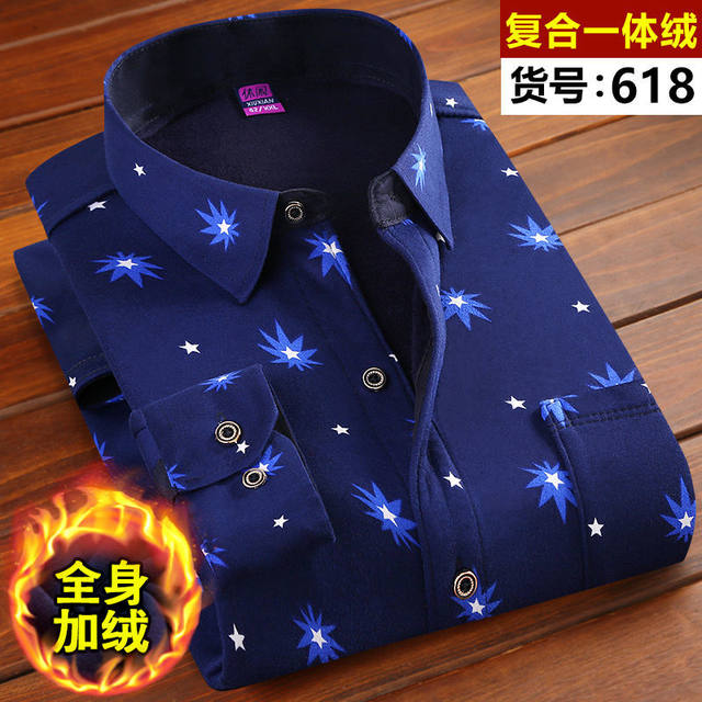 Pure cotton men's long sleeve plus velvet thick Slim lattice warm shirt business casual middle age print shirt male Pure cotton men's long sleeve plus velvet thick Slim lattice warm shirt business casual middle age print shirt male