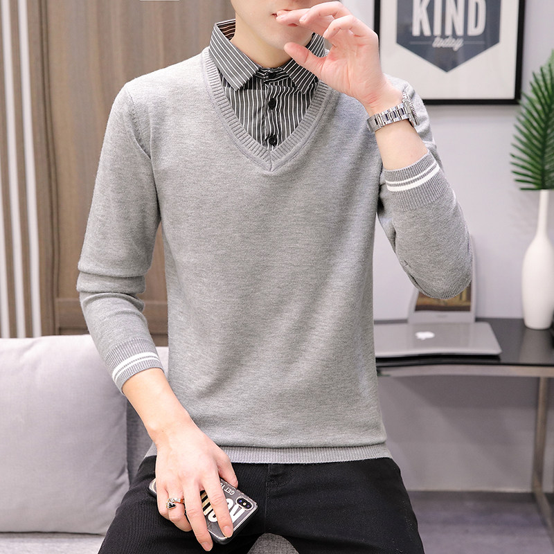 秋冬季男士假两件长袖t恤衬衫领潮流加绒打底衫秋衣男装卫衣上衣