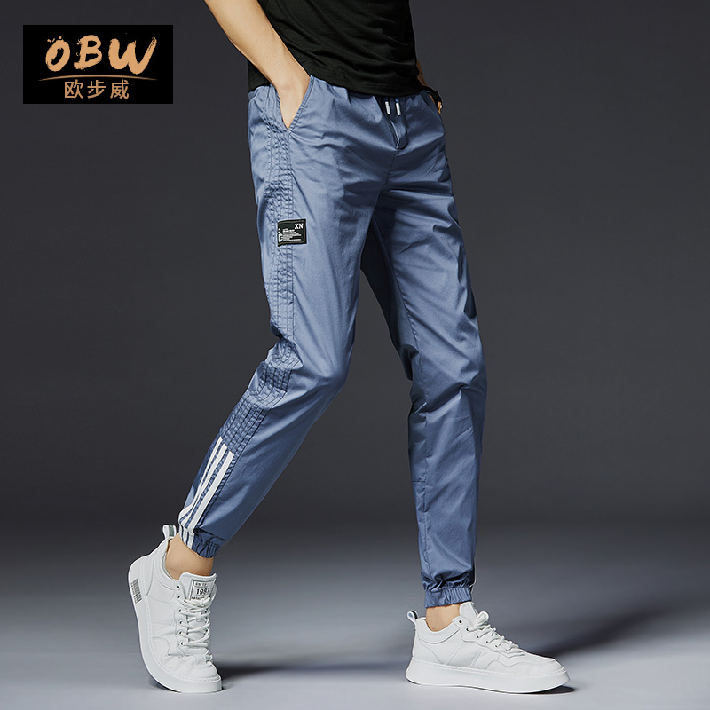 休闲裤男韩版潮流九分修身显瘦小脚裤子夏季薄款三道杠运动束脚裤