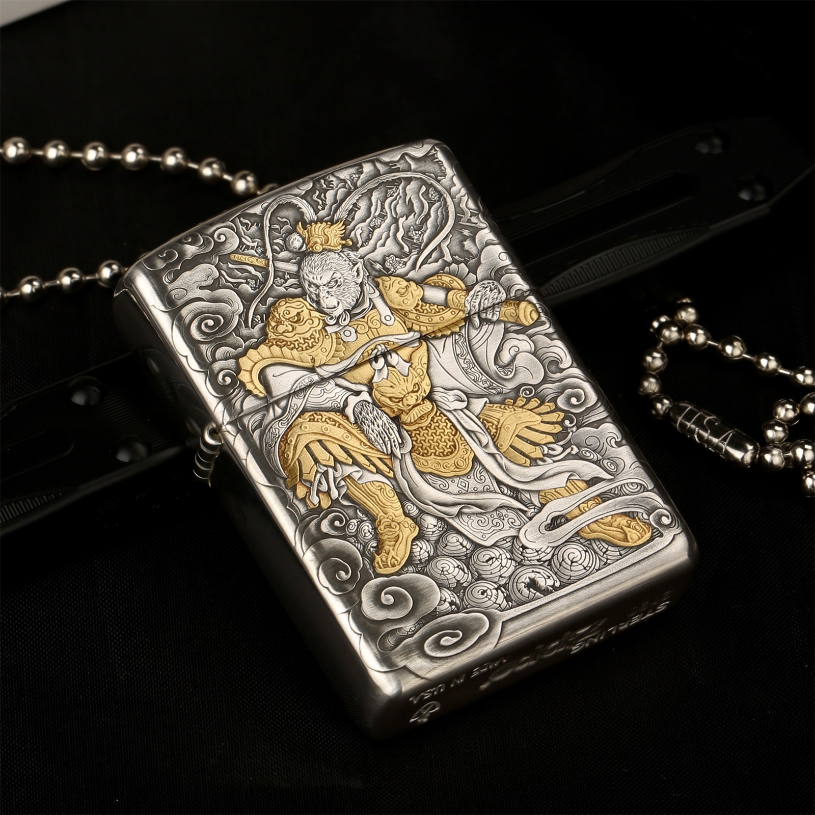 zippo打火机鬼王纯银盔甲镶嵌24k纯金金斗战圣煤油打火机