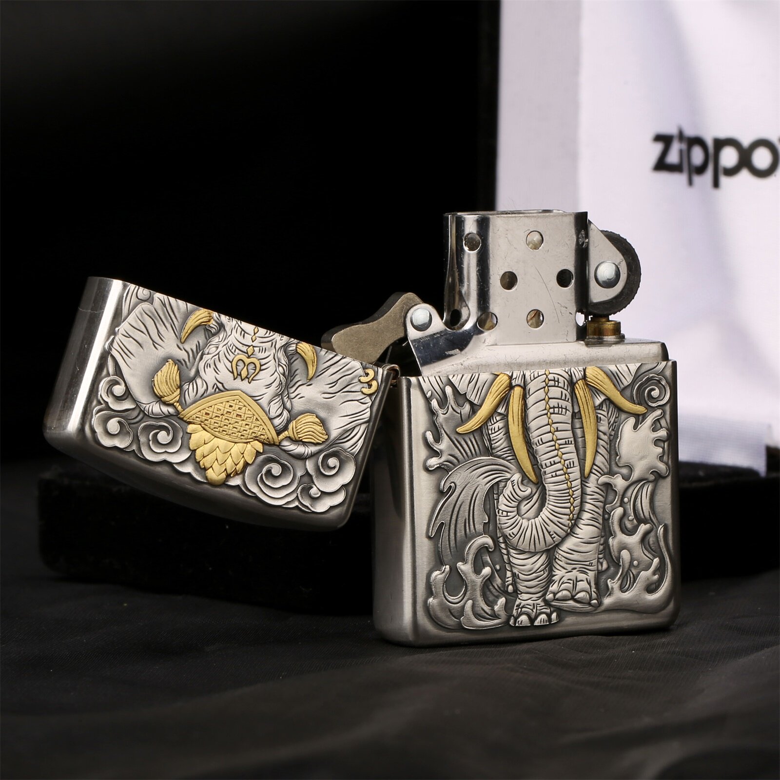 zippo打火机鬼王纯银盔甲镶嵌24k纯金六牙神象zippo