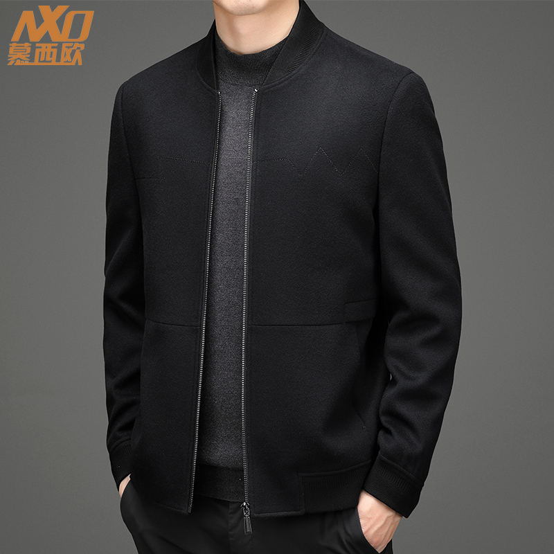秋冬新款羊毛夹克男棒球领保暖柔顺舒适桑蚕丝外套中青年毛呢上衣