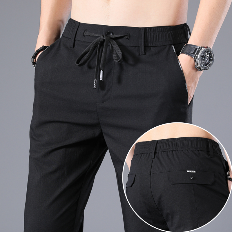 2021男士休闲裤夏季新款修身直筒松紧腰男生潮流百搭裤子男薄款