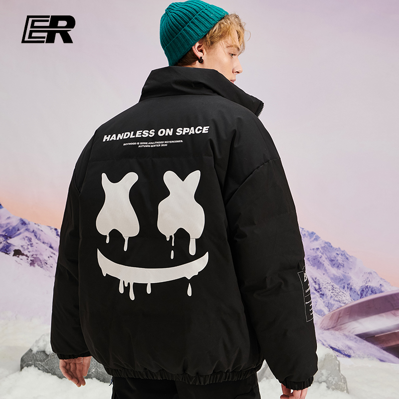 ER两面穿短款格子棉衣男2021冬季加厚撞色拼接立领外套国潮牌情侣