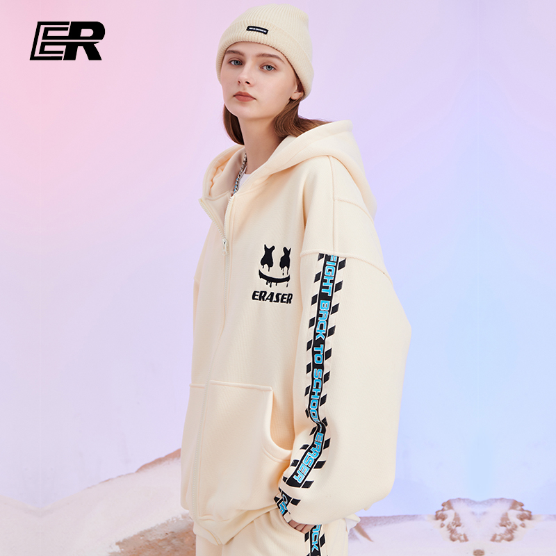 敖子逸同款ER华夫格加绒卫衣男秋冬季连帽情侣国潮牌宽松开衫外套