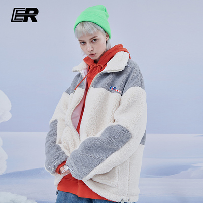 er羊羔毛开衫外套秋冬2019新款情侣装国潮牌撞色宽松羊羔绒卫衣