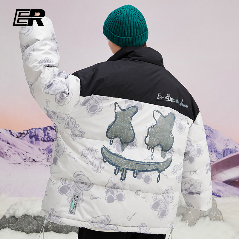 ER小熊印花立领短款羽绒服男2021年新款拼接撞色外套国潮牌情侣装