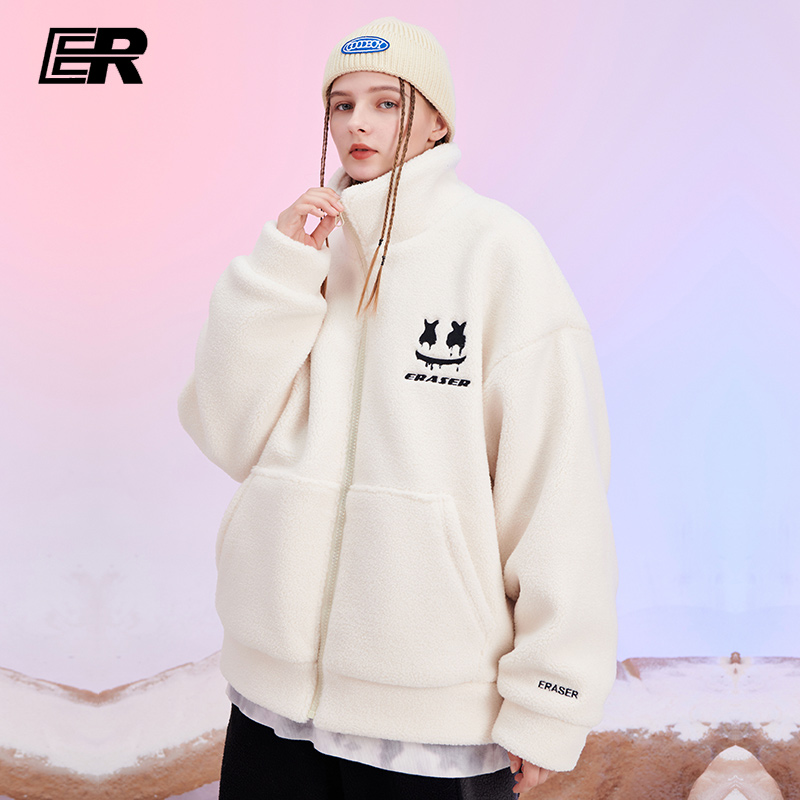 ER字母刺绣羊羔毛外套国潮保暖立领情侣装上衣男女同款羊羔绒卫衣