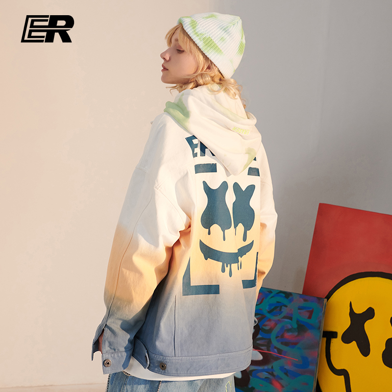ER渐变扎染牛仔外套男国潮牌宽松情侣夹克衫春秋季bf撞色短款上衣