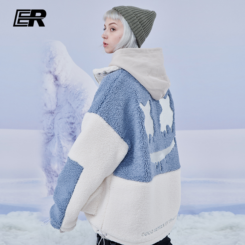 ER羊羔毛开衫外套秋冬2021新款情侣装国潮牌撞色宽松羊羔绒卫衣男