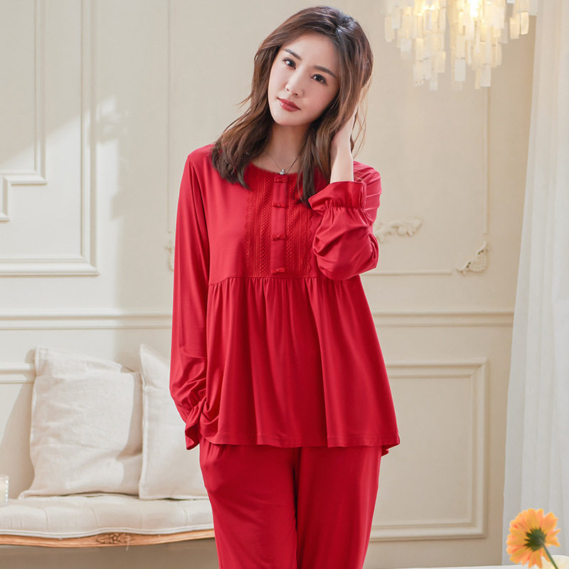 睡衣女士春秋秋季薄款莫代尔本命年加大码大红色时尚套装