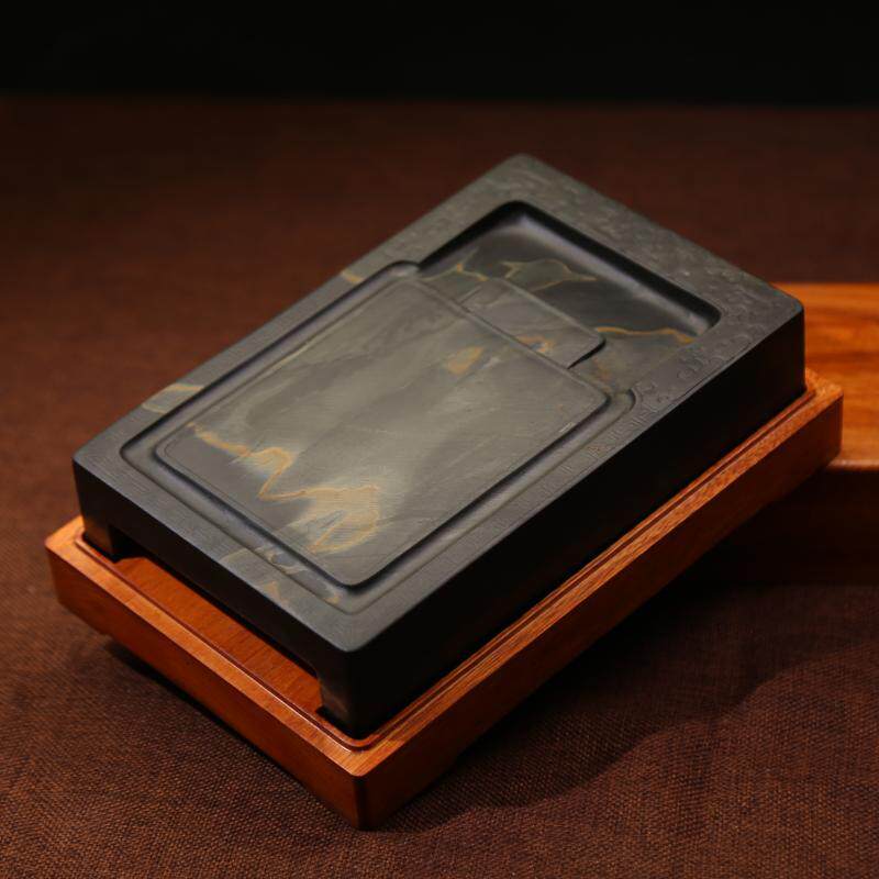 歙砚老坑乌锭罗纹双龙戏珠仿古古素砚素池手工文房四宝