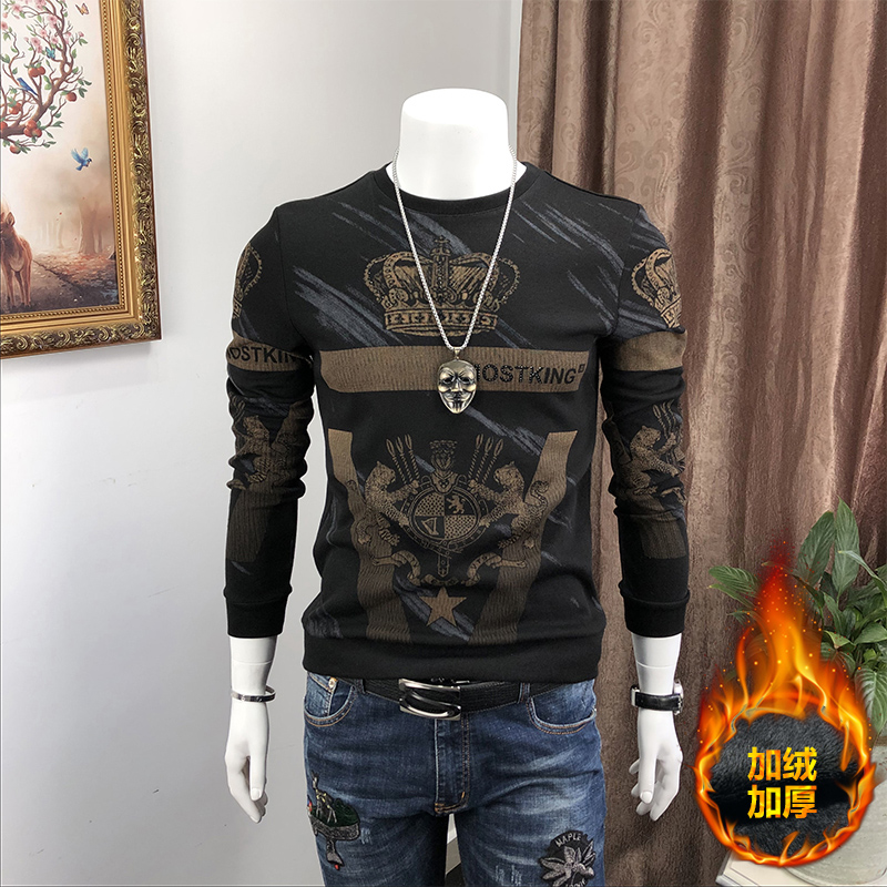 欧洲站秋冬季男士卫衣加厚修身皇冠印花烫钻圆领潮牌欧货加绒长袖