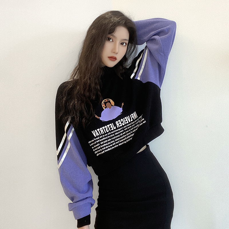 KLIOU 黑色短款少女圆领卫衣bf宽松条纹撞色上衣复古百搭学院外套