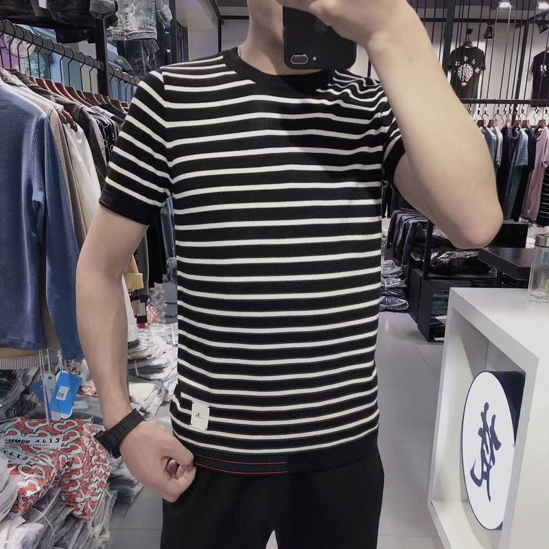 条纹圆领短袖毛衣男秋冬季新款男士修身半袖线衣黑白条纹针织半袖