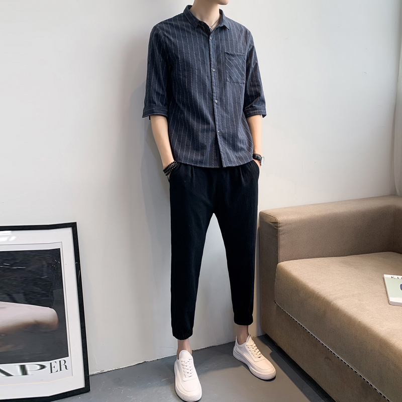 短袖套装男夏季薄款休闲衬衫两件套夏装衣服潮流帅气一套男装搭配