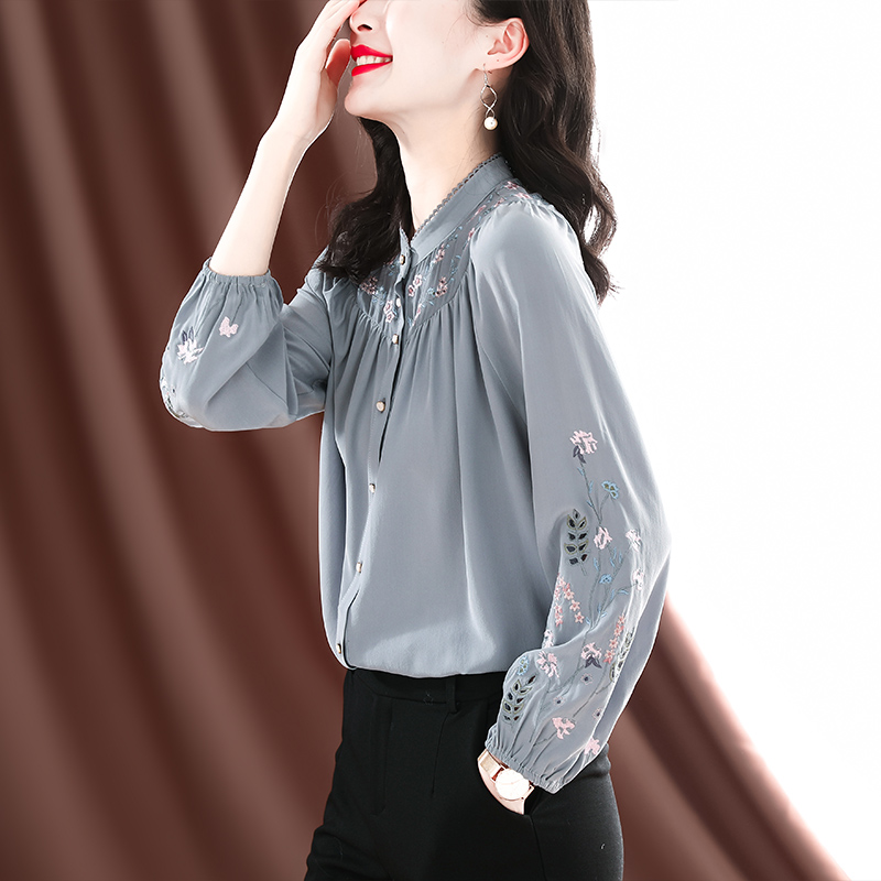 重磅真丝衬衫女2022年春秋新款设计感小众时尚碎花衬衣桑蚕丝上衣