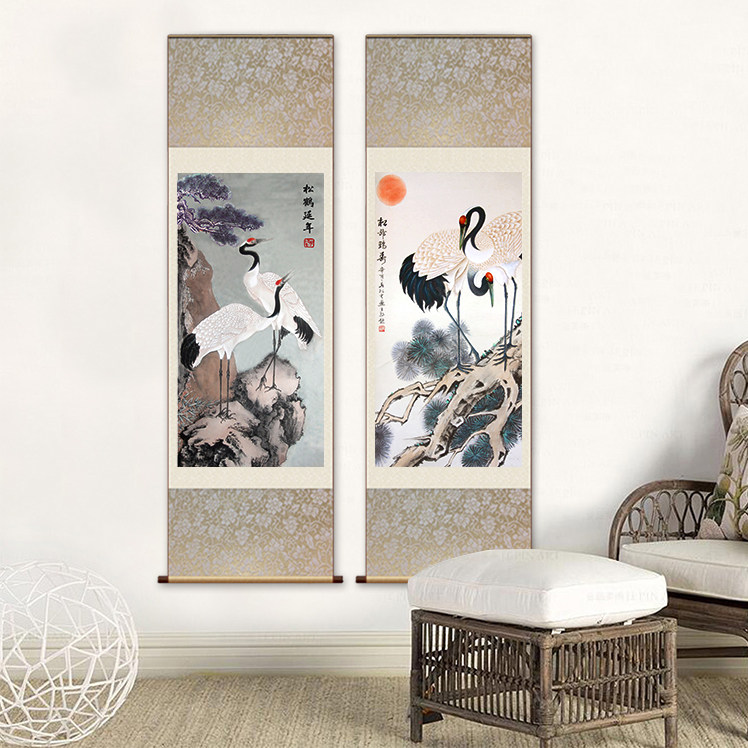 松鹤延年仙鹤寿桃梅鹤国画名人字画丝绸客厅国画
