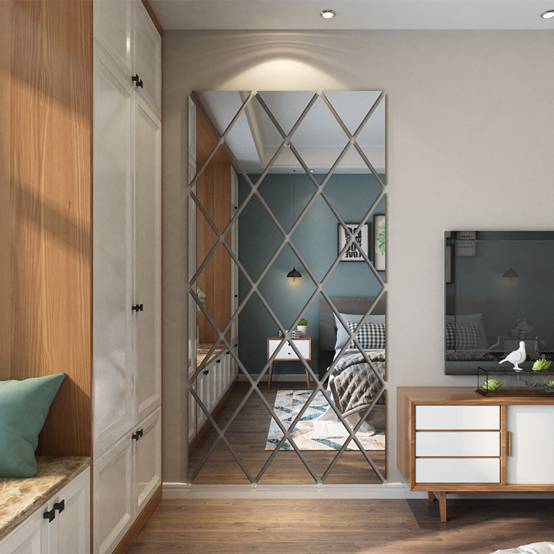 网红电视背景墙镜面面墙贴自创意客厅菱形镜子软装墙贴