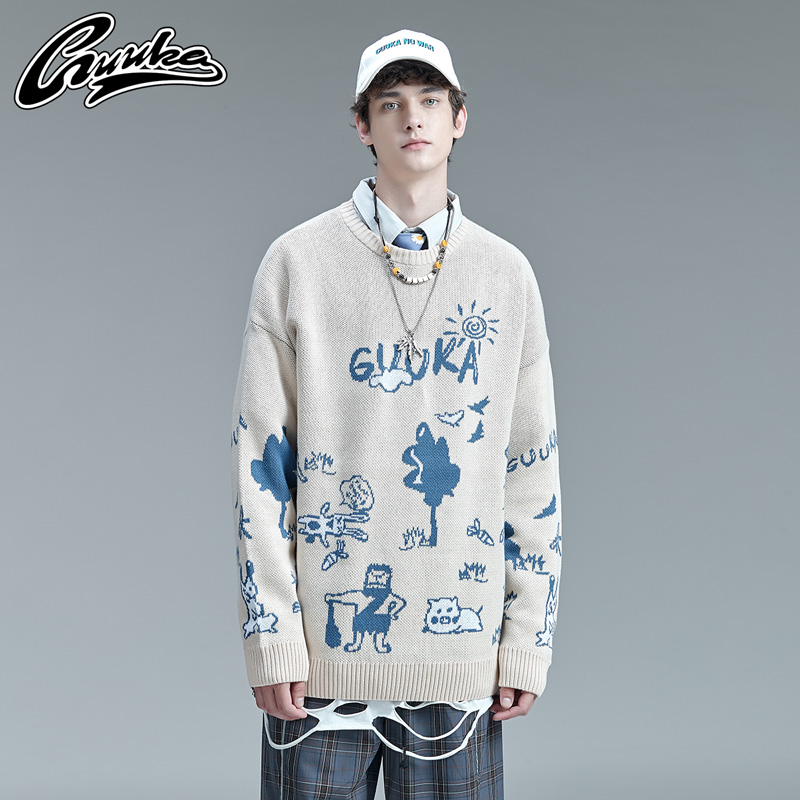 GUUKA潮牌守猪待兔毛衣男秋冬 学生嘻哈杏色圆领针织毛衣宽松慵懒