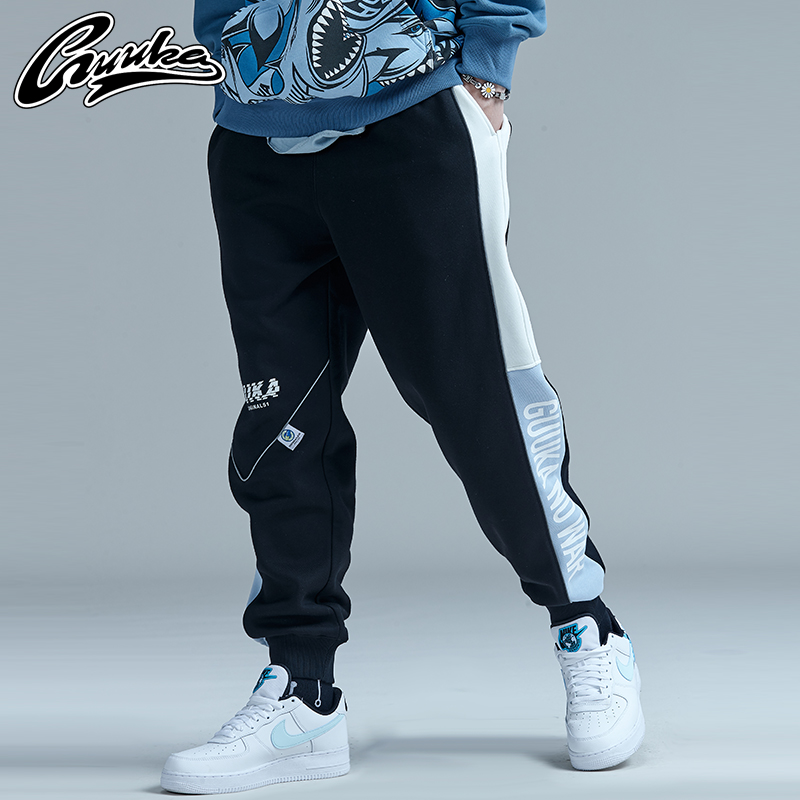 GUUKA抓绒加厚重磅卫裤男潮牌 学生嘻哈印花撞色运动束脚卫裤宽松