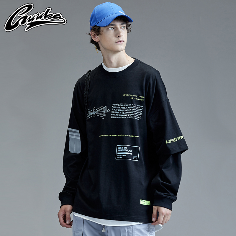 Guuka潮牌长袖t恤男纯棉 宋亚轩同款假两件嘻哈运动黑色长t恤宽松