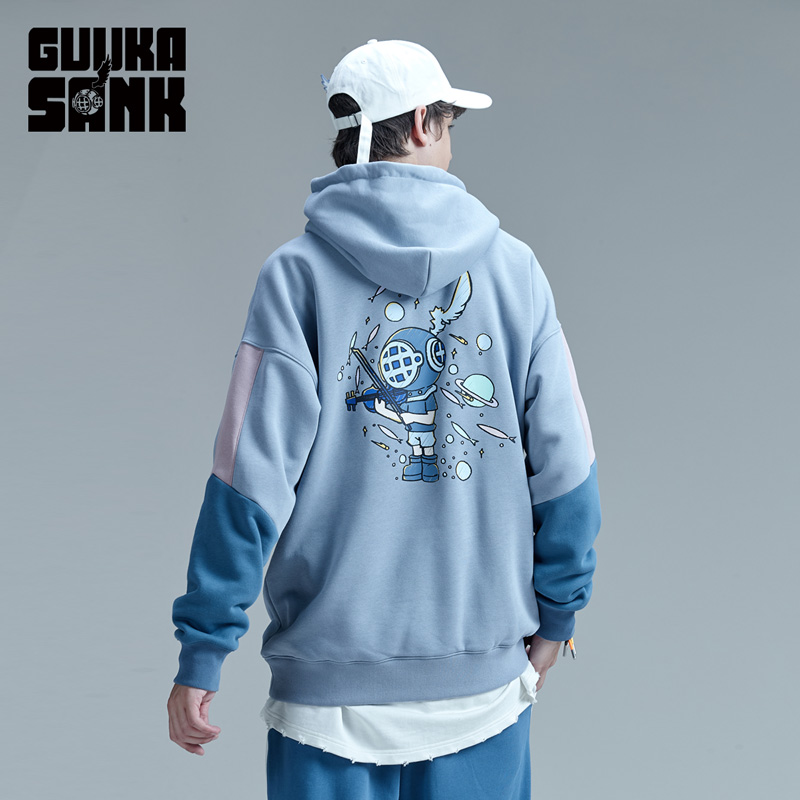 GUUKA&SANK藏克联名雾蓝撞色卫衣男连帽嘻哈运动潮牌加厚卫衣宽松