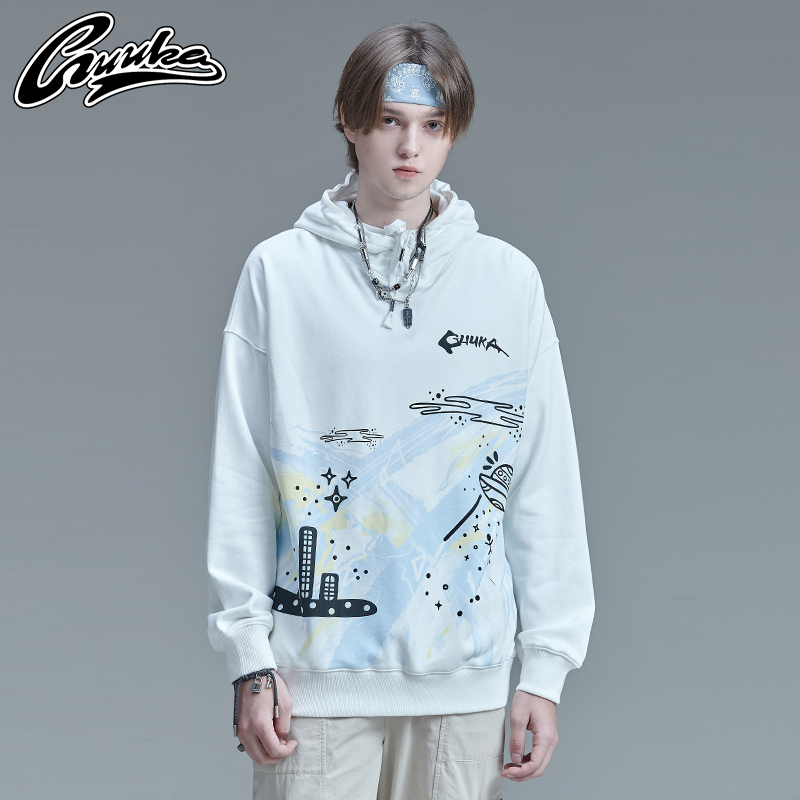 GUUKA潮牌漫画印花白色卫衣男连帽 学生嘻哈纯棉加厚运动帽衫宽松