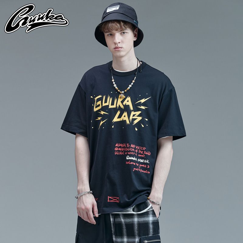 GUUKA黑色短袖T恤男潮牌夏季学生嘻哈滑板运动印花纯棉五分袖宽松