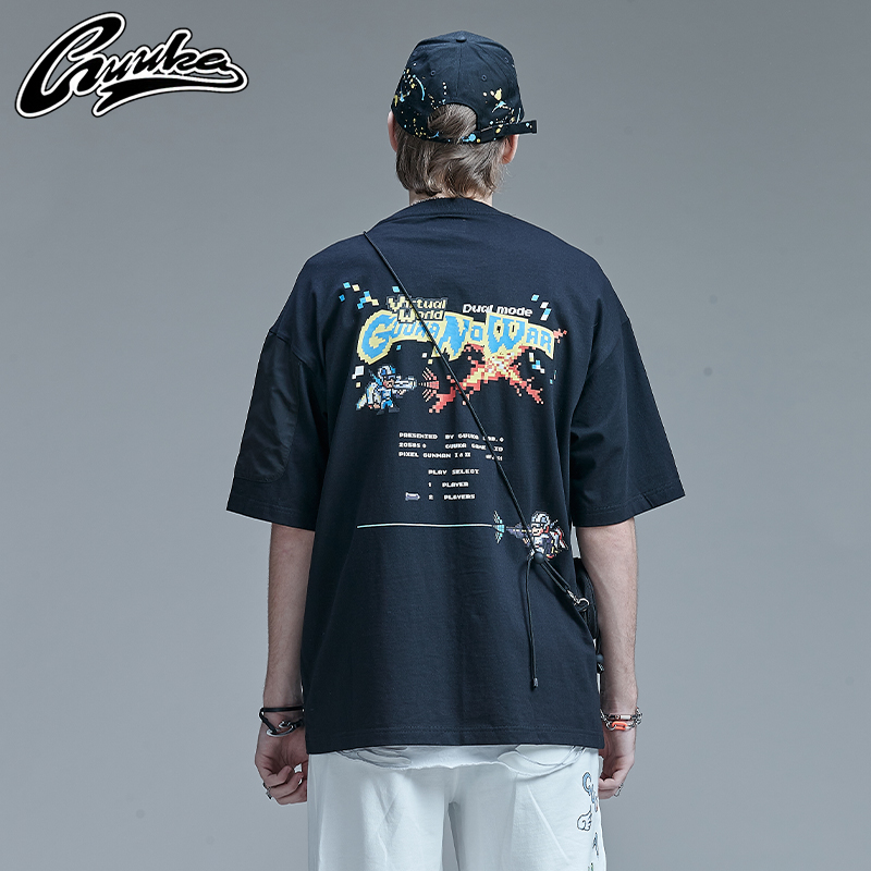 GUUKA黑色短袖T恤男潮牌学生日系卡通星际大战印花运动五分袖宽松