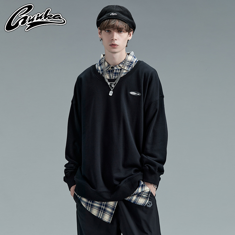 GUUKA潮牌格纹拼衬衫领卫衣男中长款学生嘻哈假两件运动卫衣宽松