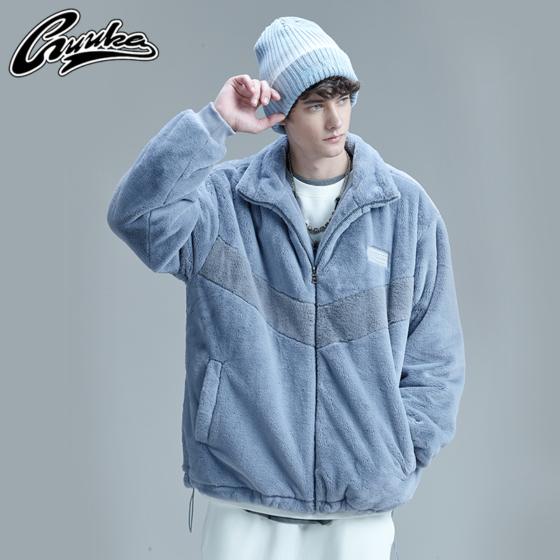 GUUKA雾蓝加厚羊羔绒外套男潮牌 学生高街撞色休闲棒球服夹克宽松