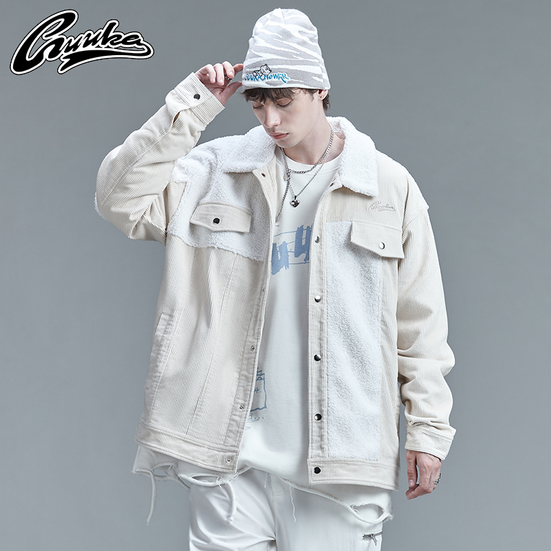 GUUKA杏色加厚休闲夹克男潮 嘻哈刺绣羊羔绒拼灯芯绒夹克外套宽松